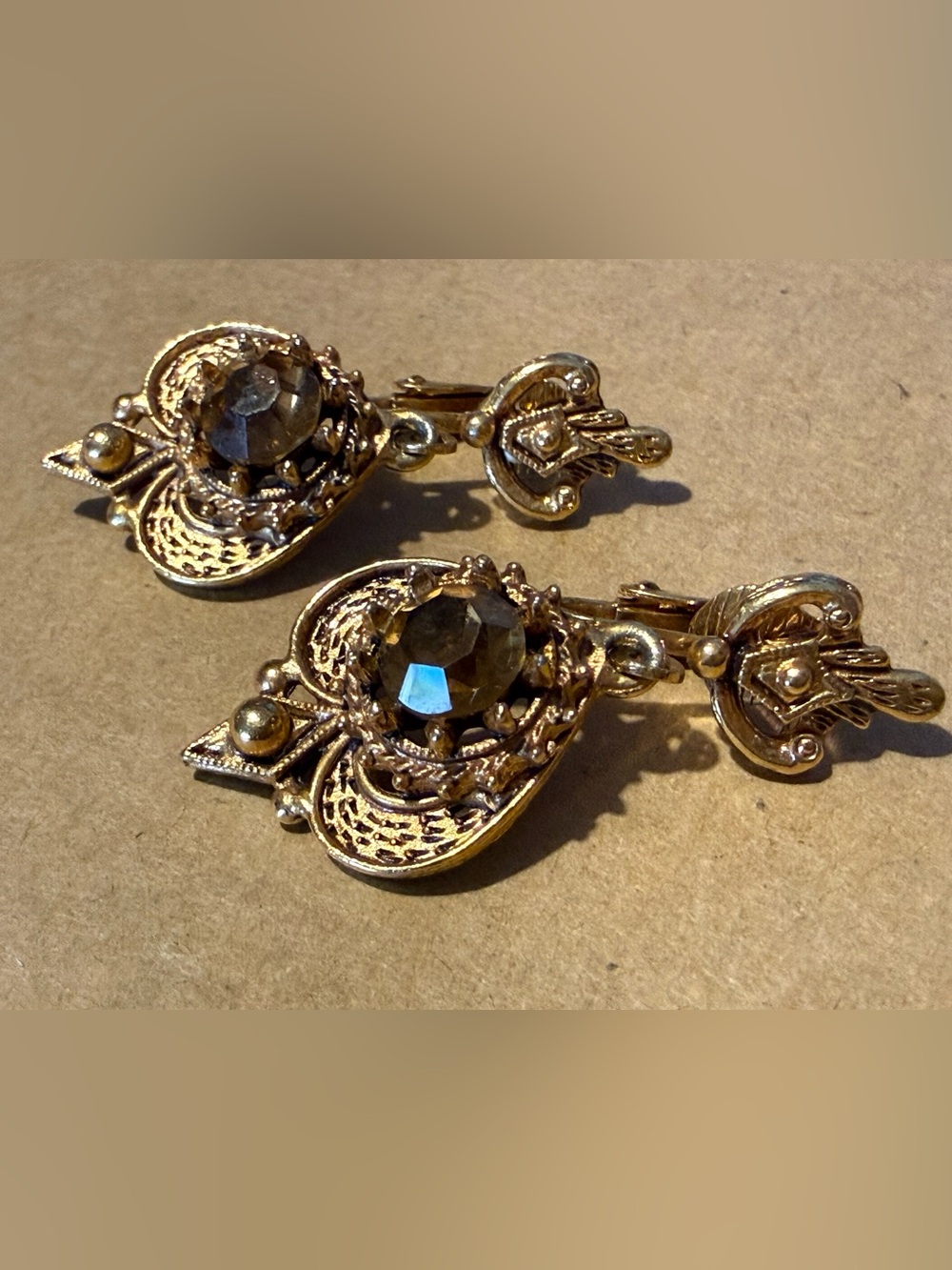 Art deco /Noveau Gold-Tone Filigree Drop Earrings with Smoky Crystal